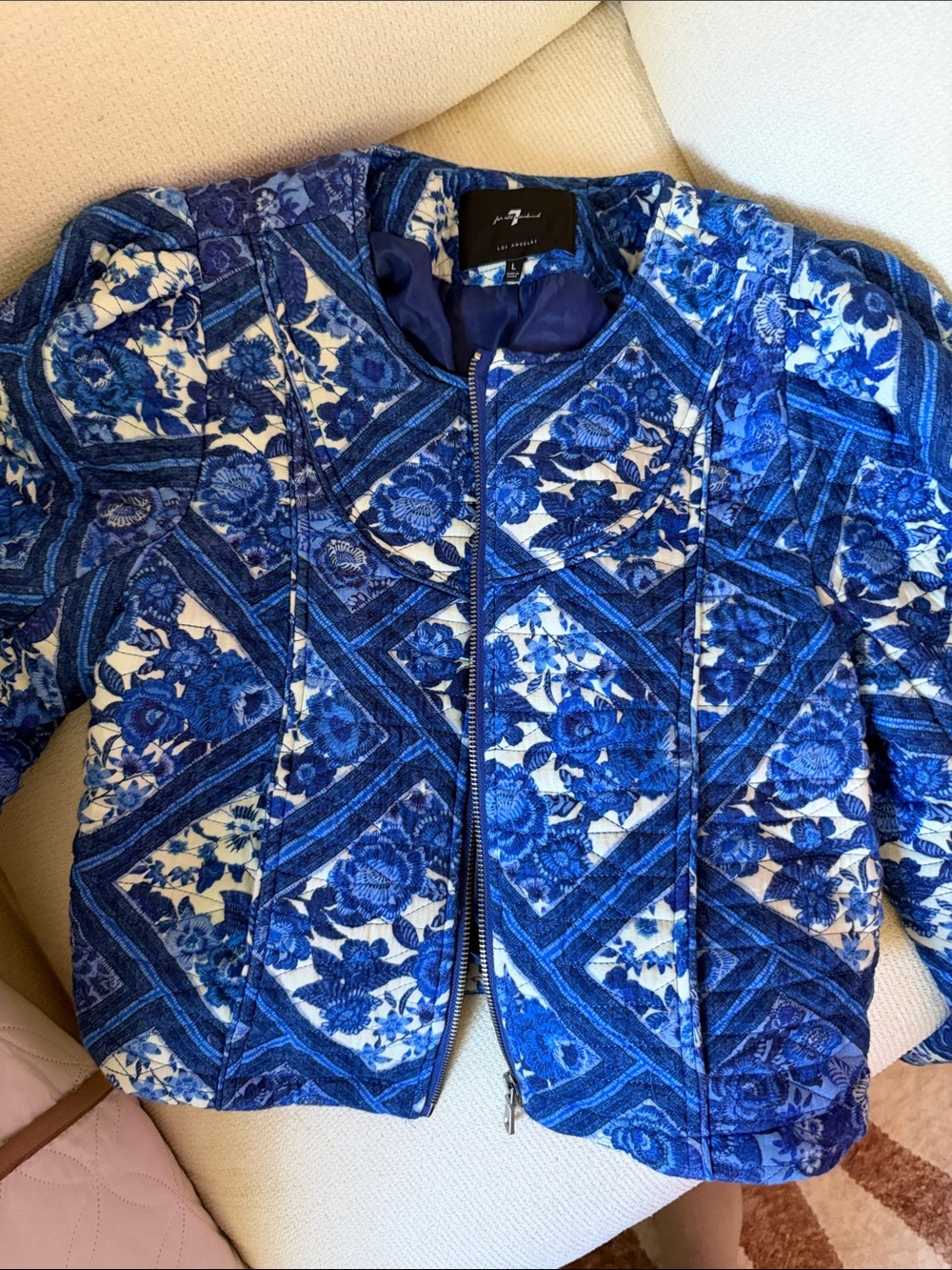 7 For All Mankind Blue Floral Quilted Bomber Jacket